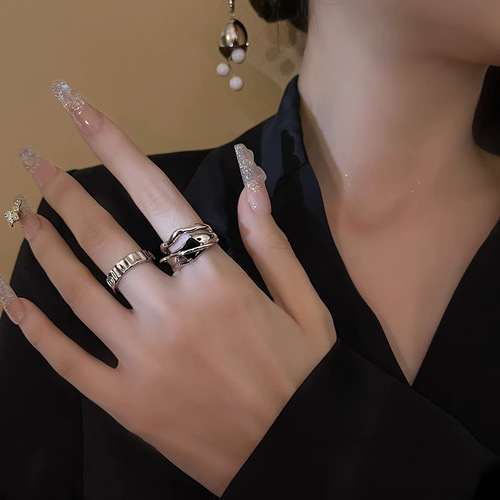 Geometric cold style black zircon ring for women niche design high-end opening adjustable fashion personality internet celebrity style