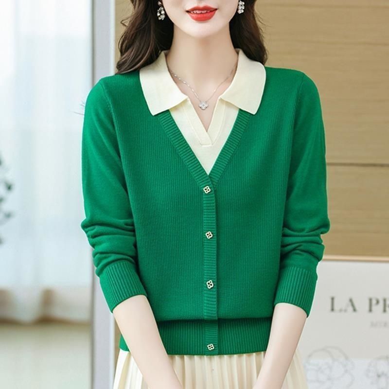 Falsas dos piezas de polo de cuello jersey suéter de mujer otoño y invierno nuevo color de alto grado caliente coreano corto top