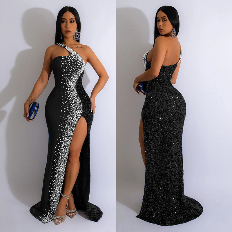 C6365 クロスボーダー AliExpress Amazon ヨーロッパとアメリカのファッション婦人服無地ホットダイヤモンドスパンコールノースリーブロングスカートドレス|undefined