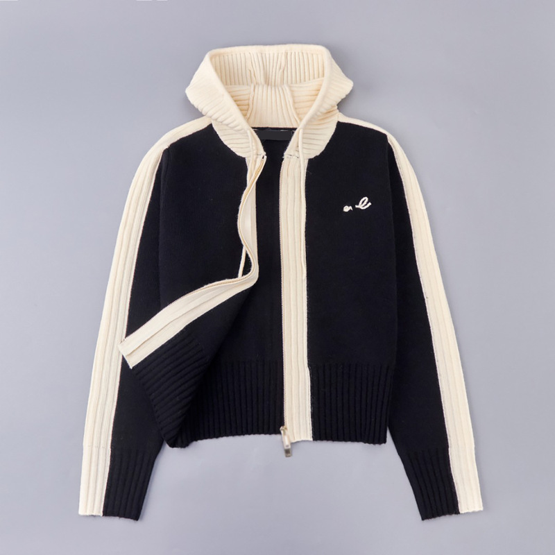 2025 Sheep Wool Blend Contrast Color Hooded Long Sleeve Knitted Zipper Cardigan