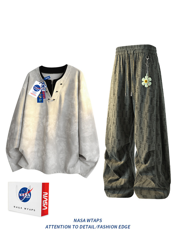 NASA ABOUT美式假两件半拉链卫衣男款春秋季新款宽松休闲运动套装|undefined