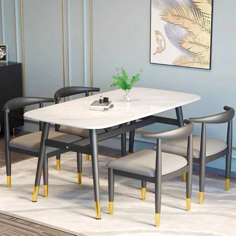 Combinación de mesa y silla de comedor de piedra de imitación de lujo ligero, mesa de comedor para el hogar, mesa de comedor rectangular de restaurante de pequeño apartamento moderno y simple