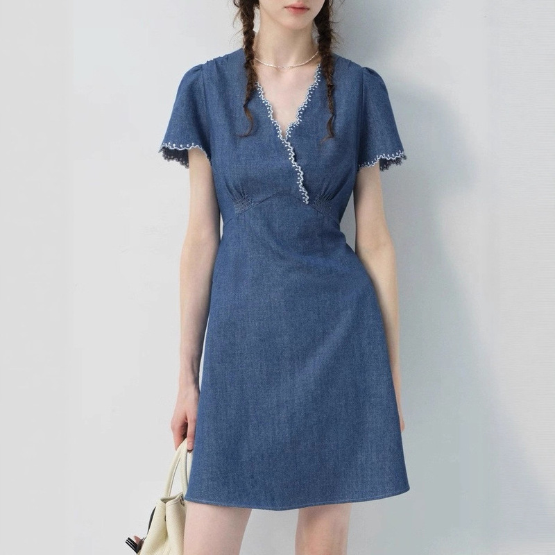 Vega Denim Dress 2025 New Style Women's Summer V-Neck Lace Trim Waist-Cinching Elegant Long Dress