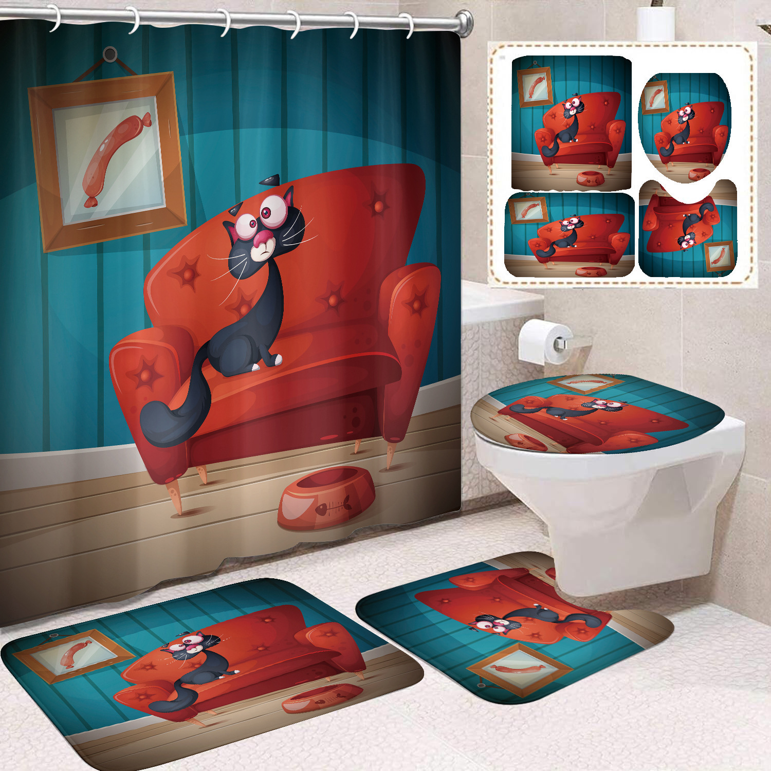 Fuente de fabricantes Amazon animales gatos niños cortina de ducha impermeable a prueba de moho cortina de ducha inodoro partición de baño divertido