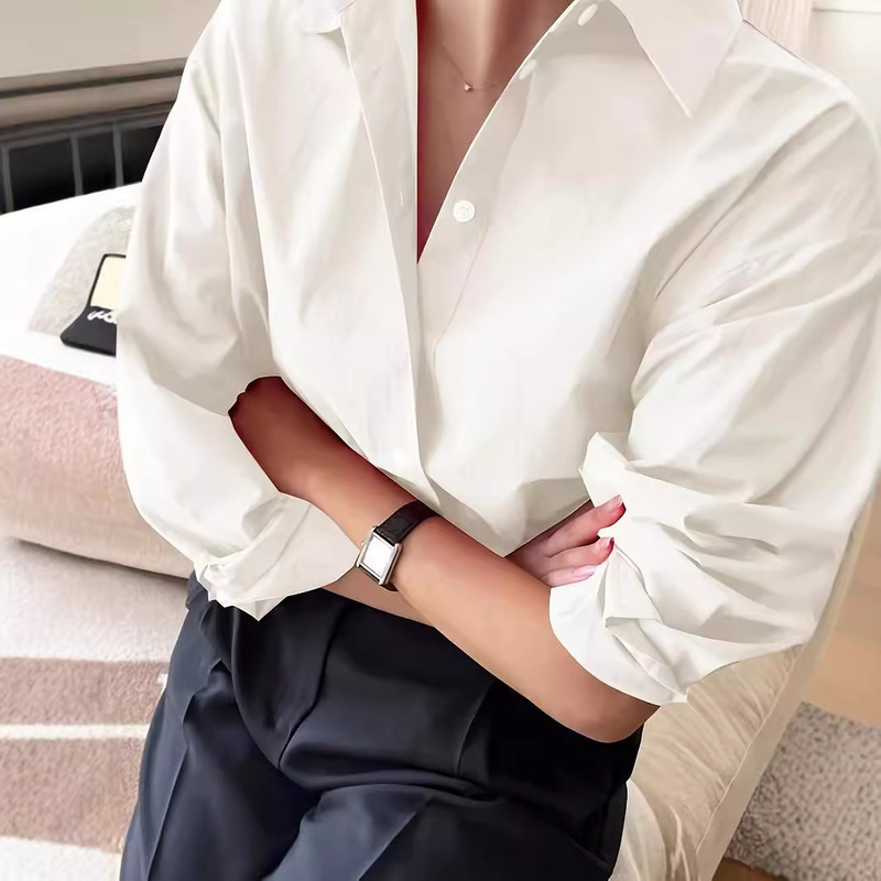European and American Cross-border New Long-sleeved Minimalist Women's Shirt Cotton Poplin Long-sleeved Lapel All-match Loose Shirt