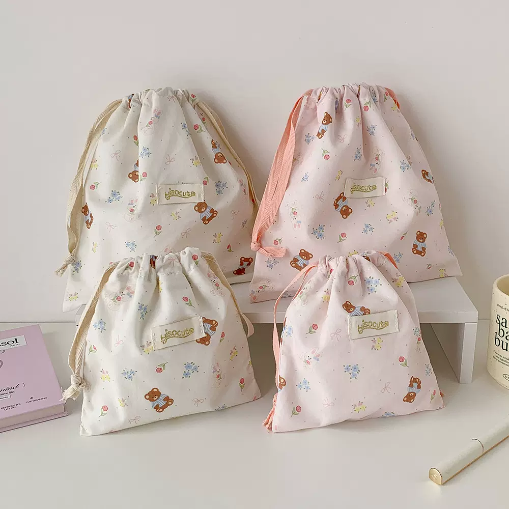 韩版卡通小熊抽绳收纳袋少女便携束口化妆包外出旅行洗漱杂物袋
