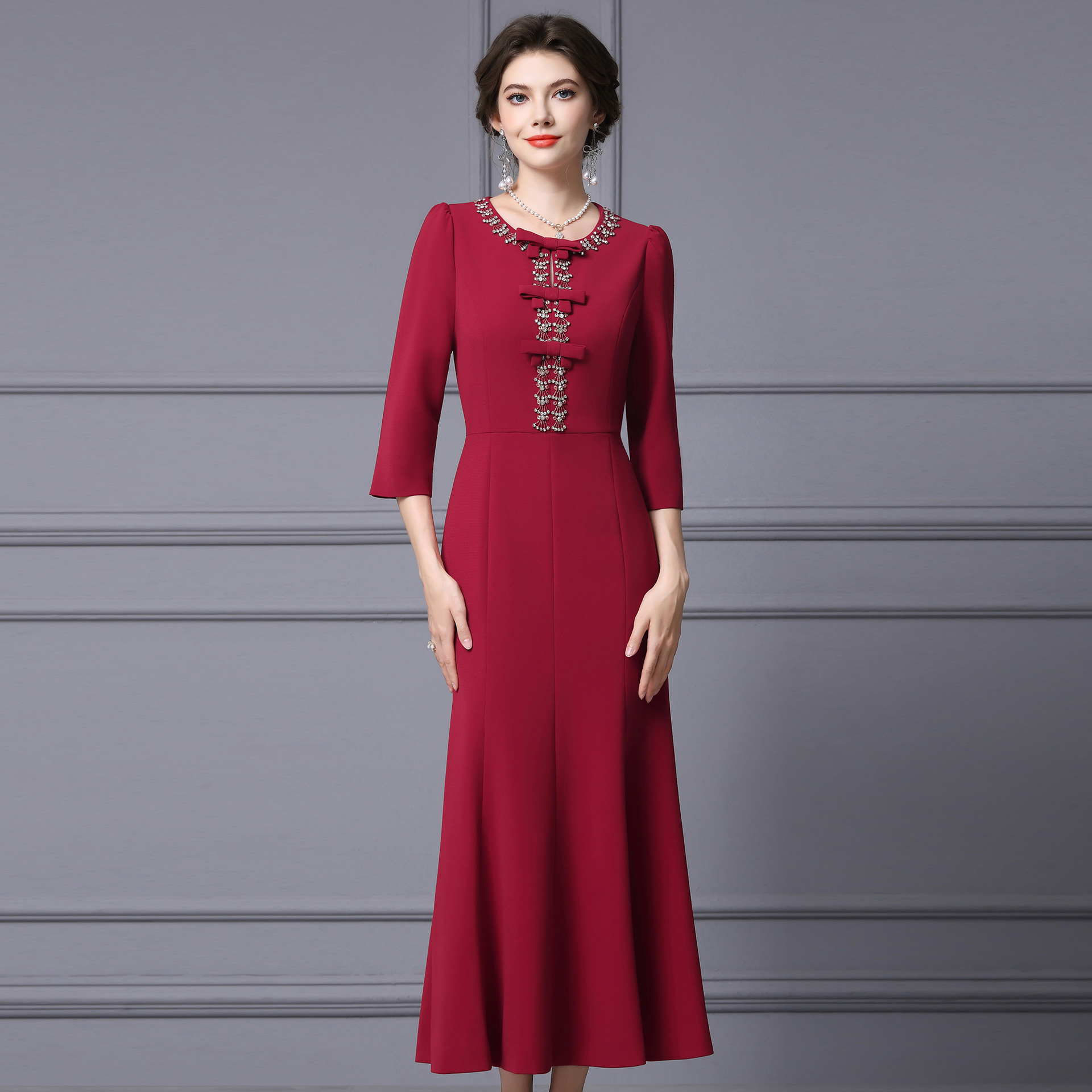 Zhili Banquet Dress 2026 Spring New High-End Rhinestone Embellished Slim Fit Plus Size Red Long Light Formal Dress