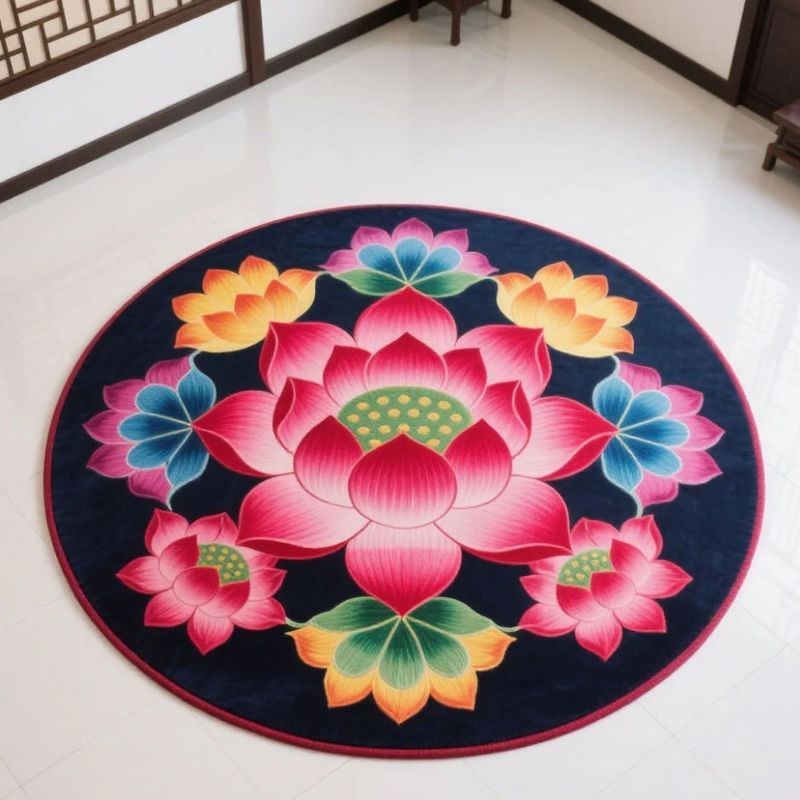 地毯莲花跪拜跪垫圆形立体满铺水晶中式荷花卧室地垫古典客厅家用|undefined