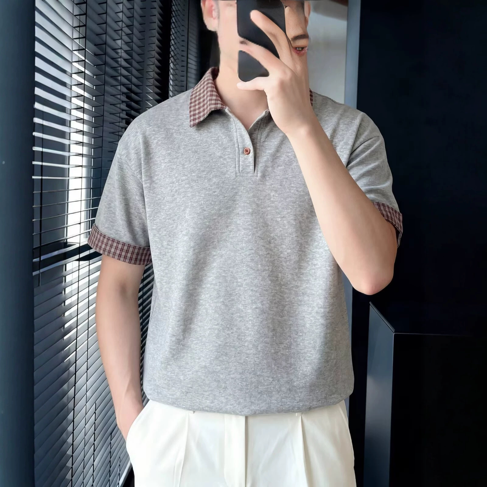 Men's Summer Plaid Patchwork Collared Polo Shirt Short Sleeved American Trendy Brand Versatile Loose Fit T-Shirt for Teenagers_viptrois.com