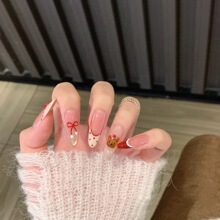 波点熊仔法式手工美甲穿戴甲超可爱草莓蝴蝶结甜心女孩美甲可拆卸