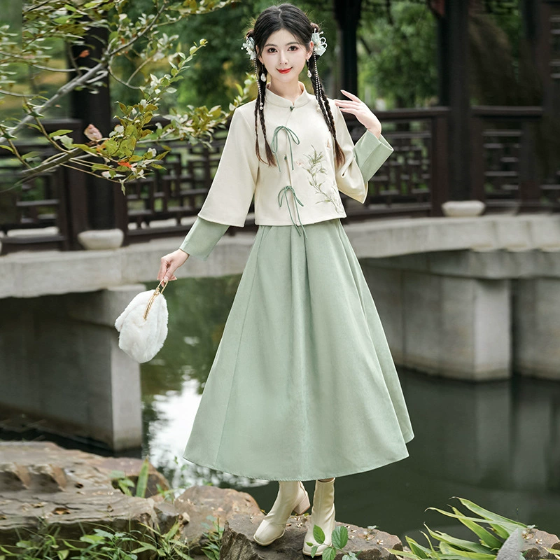 Ethnic long-sleeve, skirt, set, Chinese style, ethnic style, with embroidery