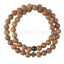 热销跨境新品欧美8mm鸡松木木珠配黑胆石十字架双层手串饰品配饰