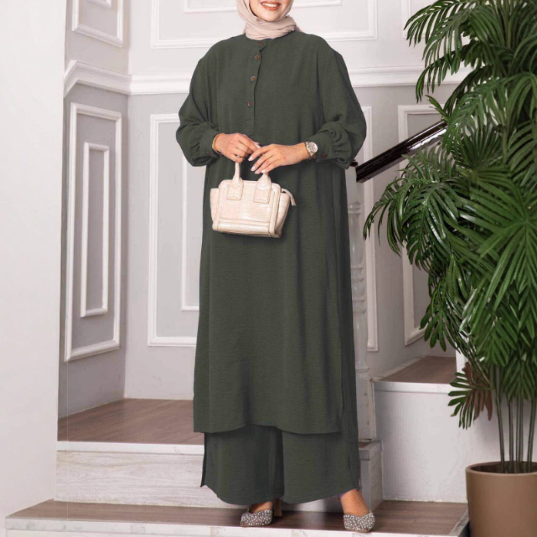 Abito da sera modesto da donna, abbigliamento musulmano ampio, completo casual da donna, top a maniche lunghe con scollo rotondo e bottoni e pantaloni a gamba larga._voghion.com