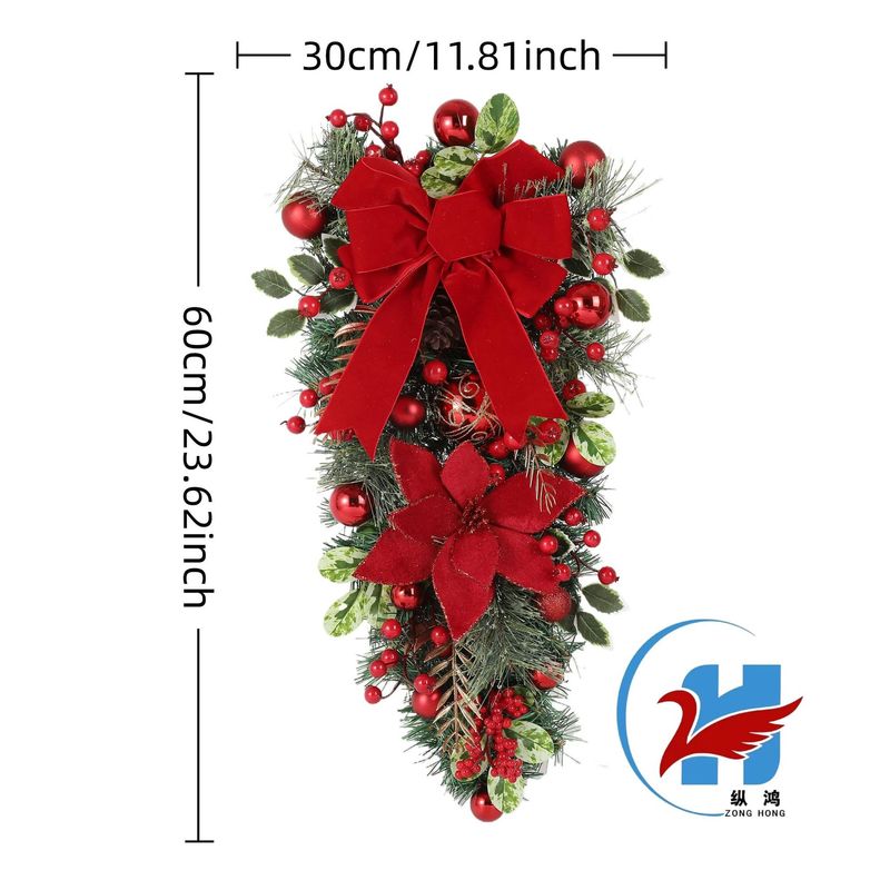 クロスボーダークリスマスリース、ベルベットの赤い花、クリスマス風デコレーションセット、ホリデーリース、逆さ飾り、ホームデコレーション|undefined