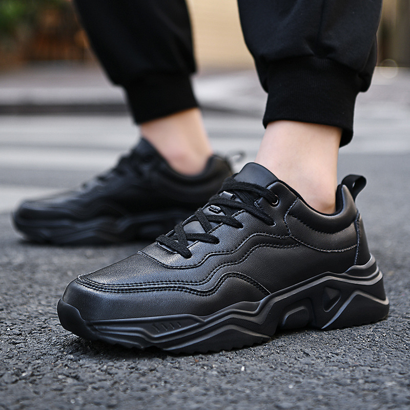 Autumn and Winter Black Men's Shoes Leather Waterproof Running Shoes Trendy Men's Casual Dad Shoes Fleece-Lined Cotton Shoes Sports Shoes