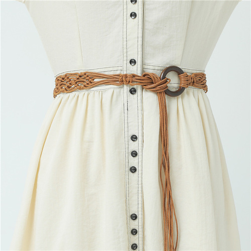 Bohemian Style Wax Rope Handmade Wood Circle Weaving Waistband Ethnic Style Matching Dress Belt 