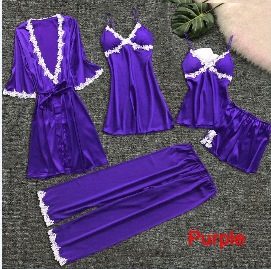 thumbnail image 4 of Pijama sexy europeo y americano de cinco piezas para mujer, vestido de novia de manga media de verano, camisón de noche de talla grande multicolor de varios tamaños para el hogar, 4 of 5