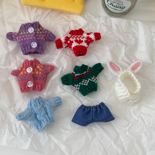 Hand knitted doll sweater, pilot plush pendant clothes and jeans, 12cm cotton doll clothes