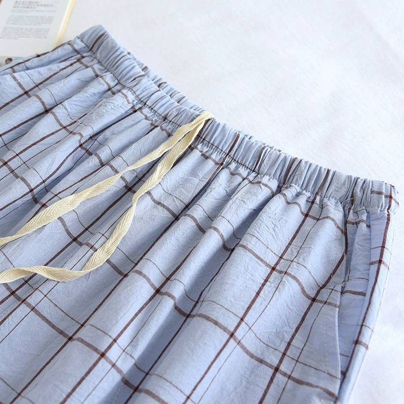 Japanese summer washed cotton single line large grid men's shorts cotton simple spot home five-point pants thin pajamas silk loungewear