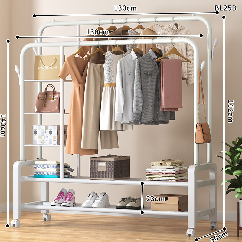 측면 수납망 이중 레이어 이중 극 + 코트 후크 130 흰색 + 바퀴