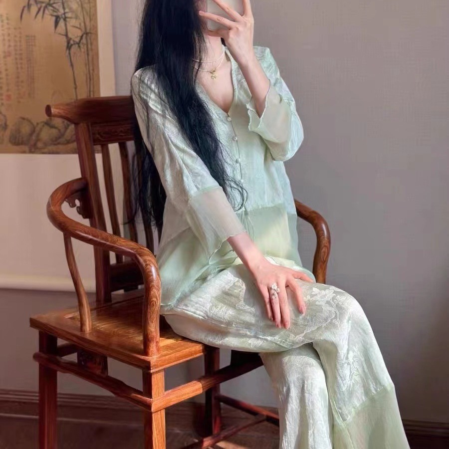 Fashionable Spring and Summer New Chinese Style Improved Guofeng Ice Silk Home Clothes suit Long Sleeve Gradient Stitching Jacquard Pajamas Women
