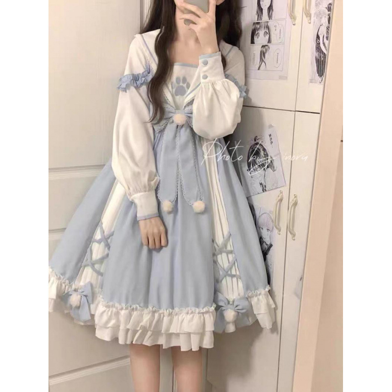 大码女装300斤软妹洋装lolita蓝色连衣裙洛丽塔日常学院风轻lo裙|undefined