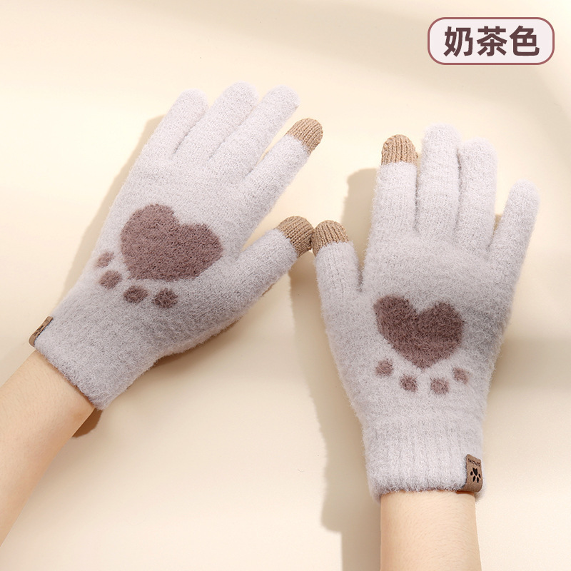 a新款ins针织毛线触屏手套女冬季保暖防寒可爱卡通全指毛呢加厚绒|undefined