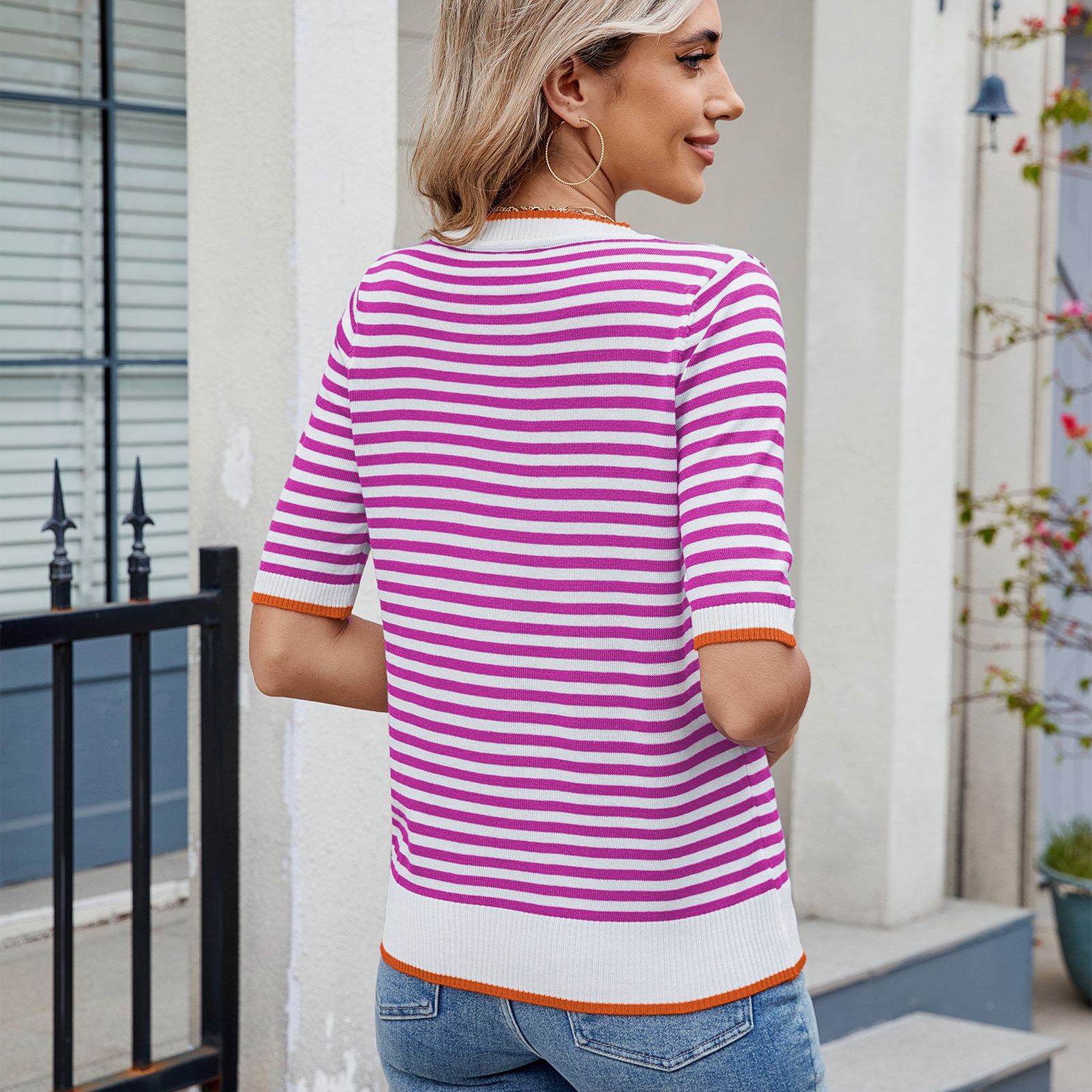 Women Clothing Summer Stripe Knitted T shirt Short Sleeve Ice Silk Contrast Color British College