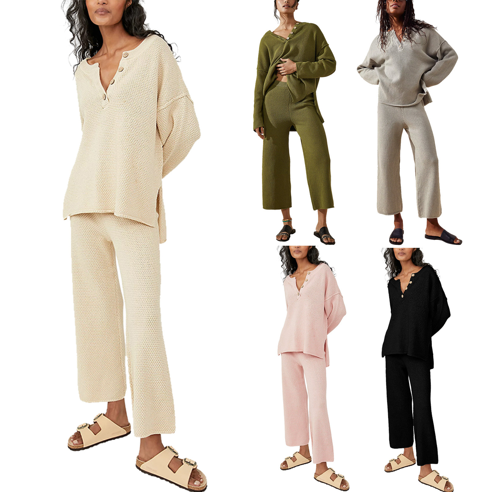 亚马逊跨境女装欧美秋季针织V领长袖上衣宽松休闲裤腿长裤两件套