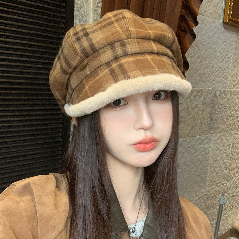 英伦风复古格子八角帽秋冬季帽子女款加绒保暖贝雷帽高级感画家帽|undefined