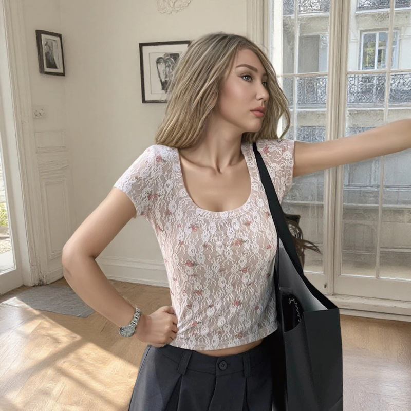 Cross-Border 2026 New Style White Lace Floral U-Neck Short-Sleeve T-Shirt, Slim Fit with Lining, Sexy Top for Export Cross-Border 2026 New Style White Lace Floral U-Neck Short-Sleeve T-Shirt, Slim Fit with Lining, Sexy Top for Export