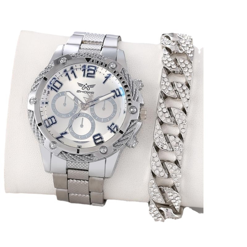Comercio exterior moda de negocios relojes de hombre falsos tres ojos atmósfera reloj de correa de acero para hombres + pulsera hip-hop dos piezas conjunto de relojes de pulsera image 5