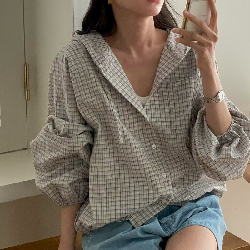 Korean Style Retro Plaid Hooded Sun Protection Shirt Jacket Simple Casual Loose Long-Sleeved Plaid Shirt