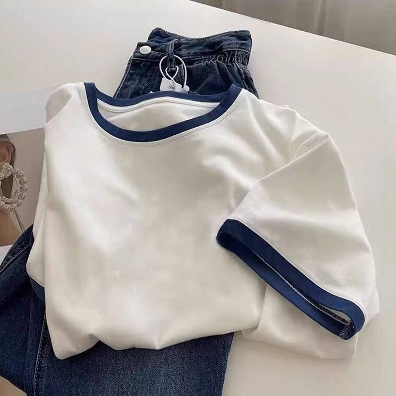 40 cotton back bag collar T-shirt women's short sleeve summer new stitching contrast color cuffs small fresh school style top