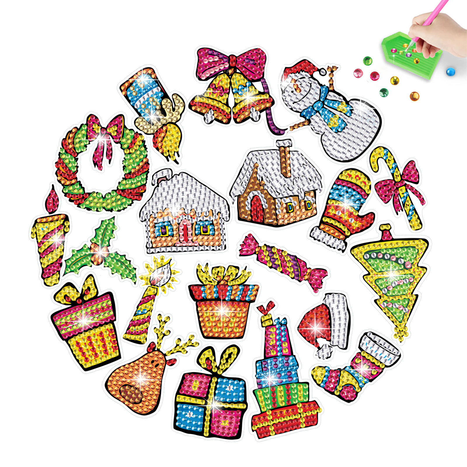 Navidad muñeco de nieve caramelo diamante pintura pegatinas gratis DIY ladrillo pintura dibujos animados pegatinas hechas a mano cristal brillante diamante Venta caliente