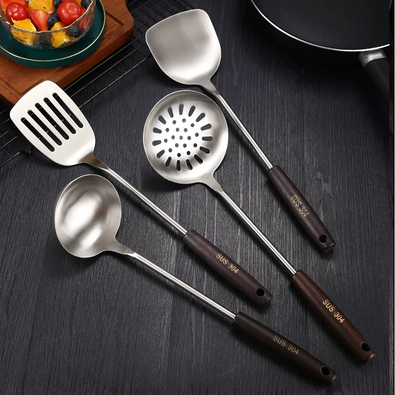 Нержавеющая сталь 304 ретро черный деревянная ручка кухонный набор spatula большого размера, большой утечка ложка для супа, сковорода кухонные принадлежности
