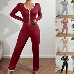 Hot-Selling European and American Home Clothes Amazon Pajamas Long-Sleeved Pants Slim Sexy Lace Double Long Suit Pajamas