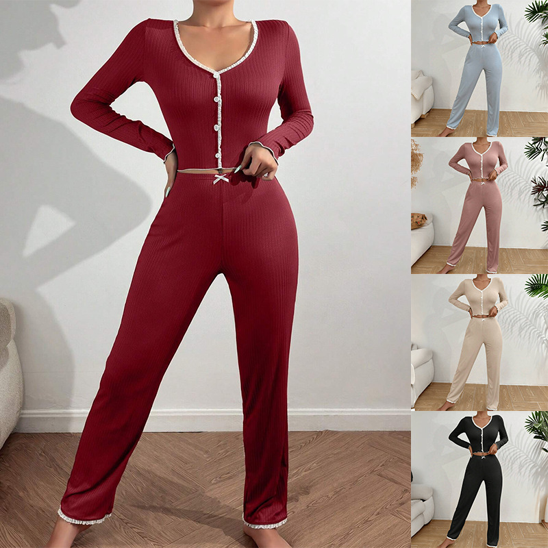 Amazon Temu Best-Selling Tk European and American Style Loungewear Pajamas Long-Sleeved Long Pants Slim Sexy Lace Pajama Set