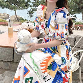 多巴胺涂鸦印花连衣裙女夏新款彩色艺术生泡泡袖减龄碎花长裙新品