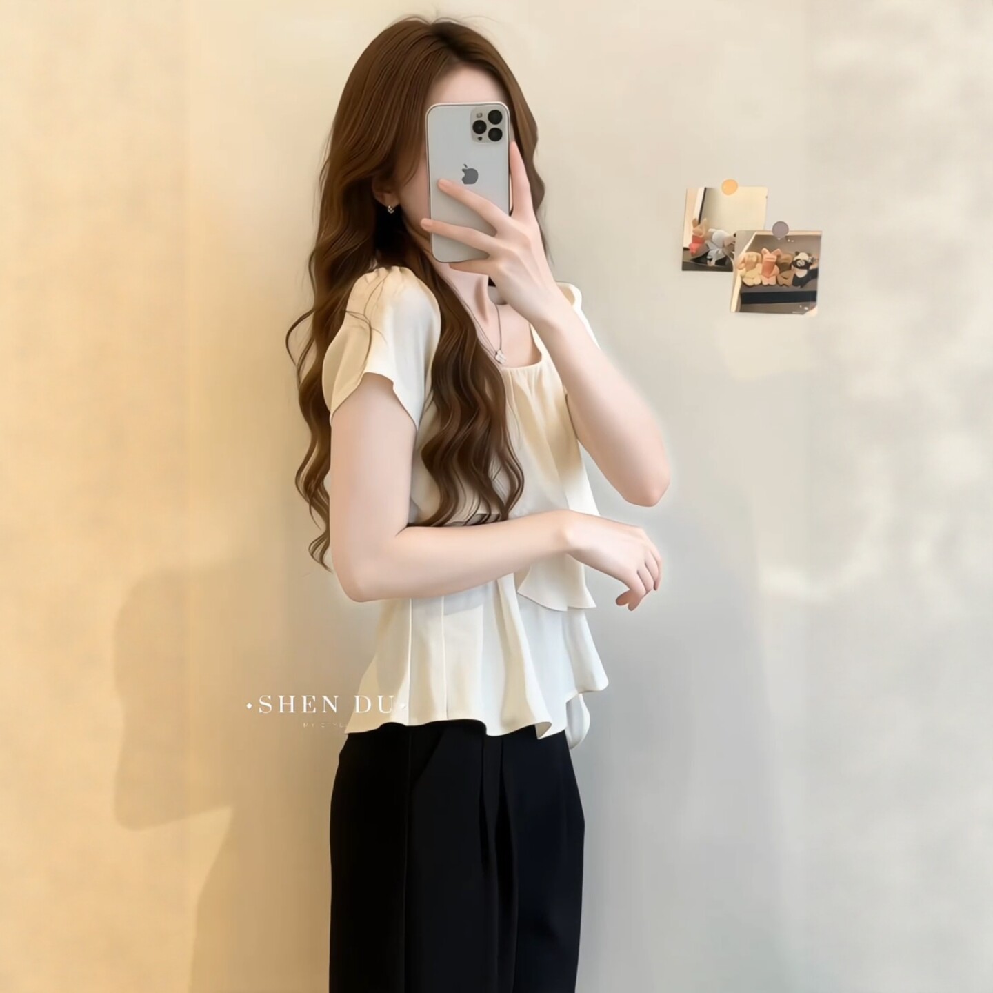Áo sơ mi nữ cổ vuông tay ngắn, dáng rộng viền lá sen, phối dây rút — màu tím chi tiết 4