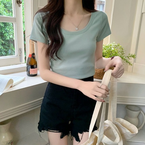 Basic U-neck T-shirt women's clothing solid color simple base summer slimming versatile short sleeve hooded top 