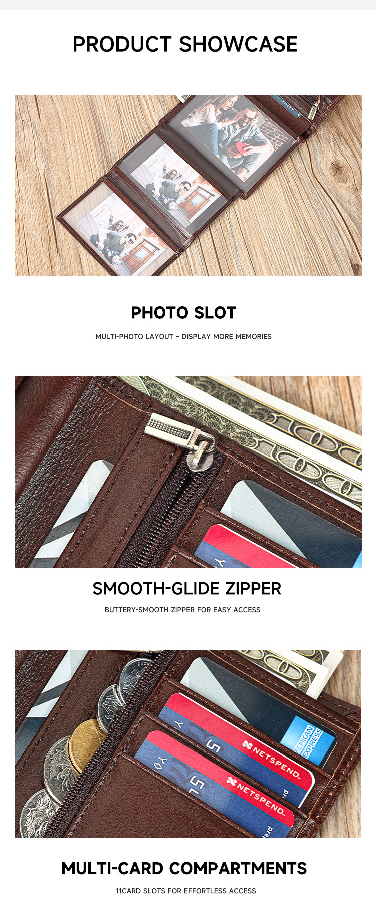 Ví nam da bò cao cấp gập ba nhiều ngăn thẻ chống trộm RFID — Đen, Nâu chi tiết 6