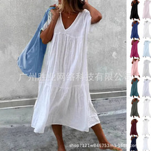 2025新款跨境外贸欧美女装亚马逊独立站圆领短袖棉麻中长款连衣裙