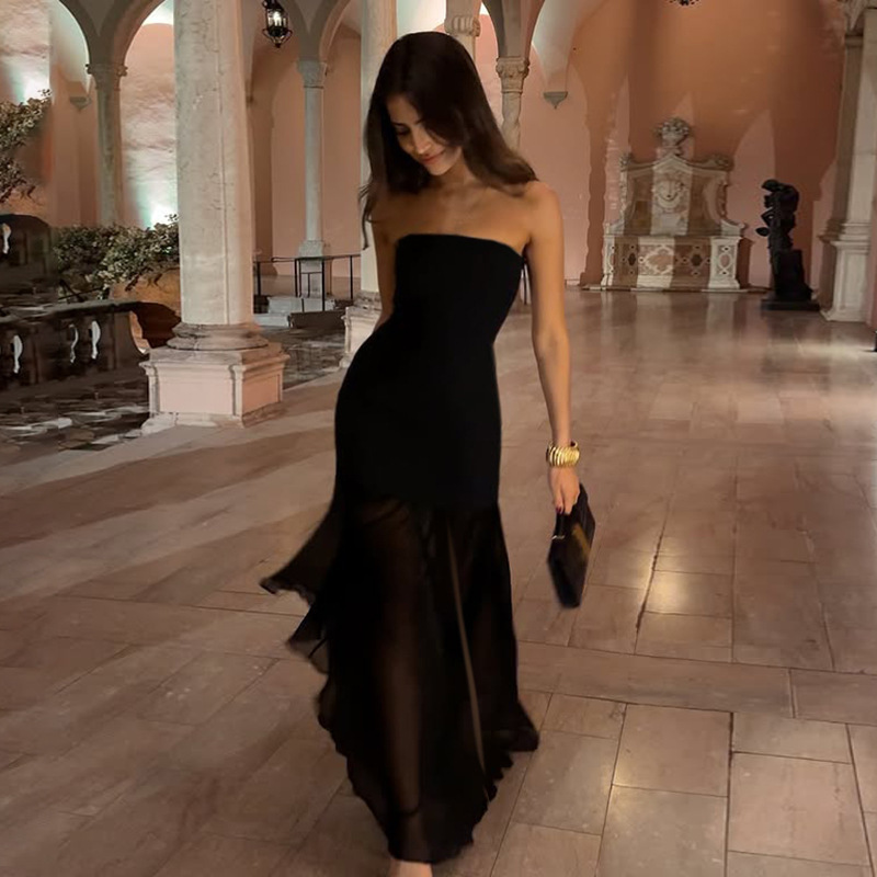 P0253Ds European and American Cross-Border Elegant Tube Top Dress with Strapless Sexy Hip-Covering Mesh Slit Long Skirt P0253Ds European and American Cross-Border Elegant Tube Top Dress with Strapless Sexy Hip-Covering Mesh Slit Long Skirt