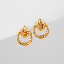 欧美跨境18K金圆圈耳环立体双环简约双层线圈缠绕耳坠亚马逊耳饰