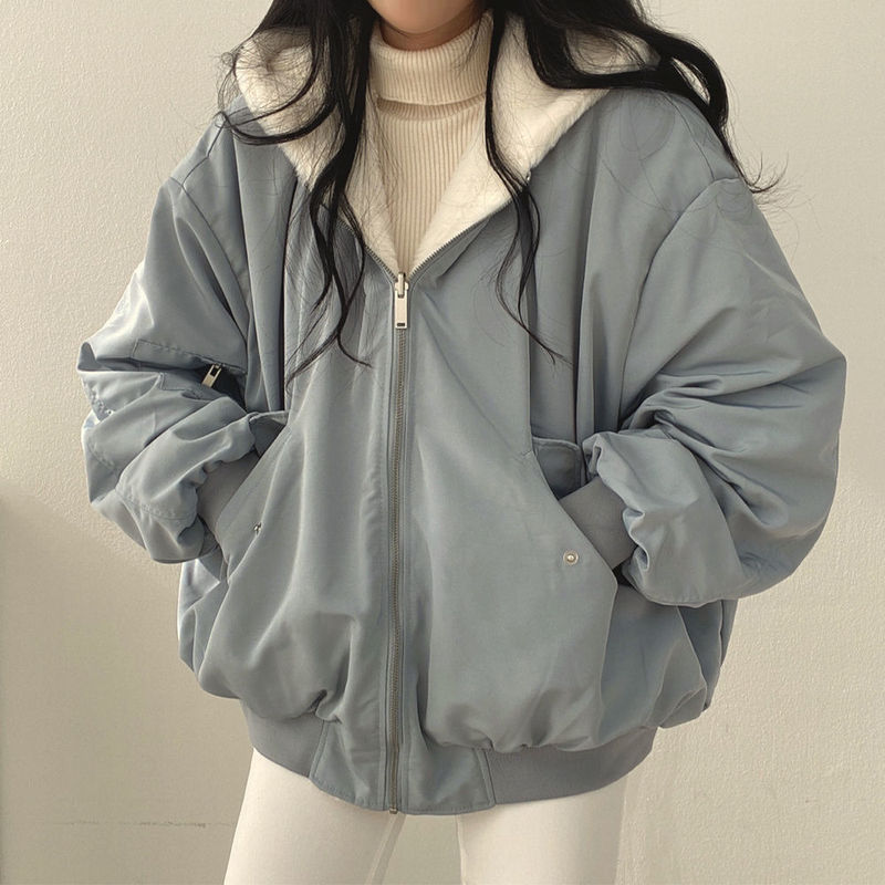 羊羔毛外套女秋冬加绒加厚两面穿棉服冬季新款棉袄连帽厚棉衣上衣|undefined