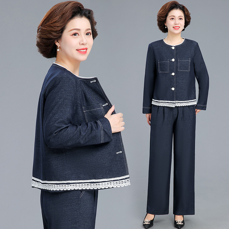 贵夫人女装小香风套装中老年妈妈秋装牛仔外套上衣减龄两件套春秋|undefined
