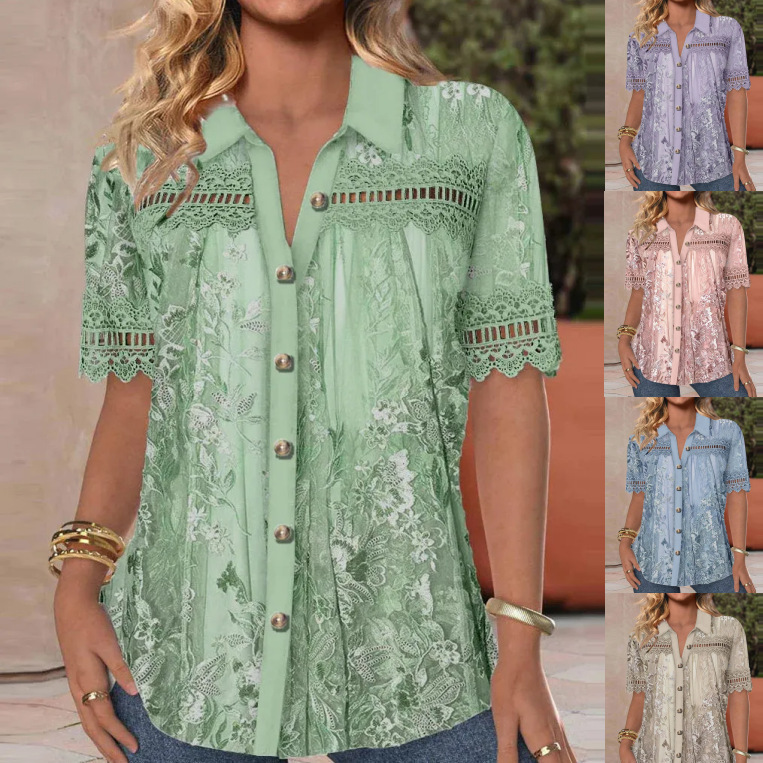 Cross-Border 2024 Amazon Independent Station Popular Women's Fashion Casual Printed Hollow Lace Summer Short-Sleeved Shirt