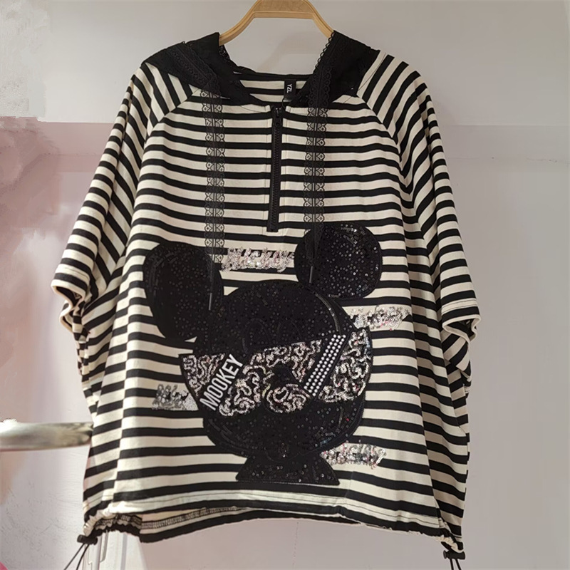 European-Style Heavy-Duty Rhinestone Striped T-Shirt for Women, Hooded Lace Patchwork Loose Slimming Short-Sleeve Top