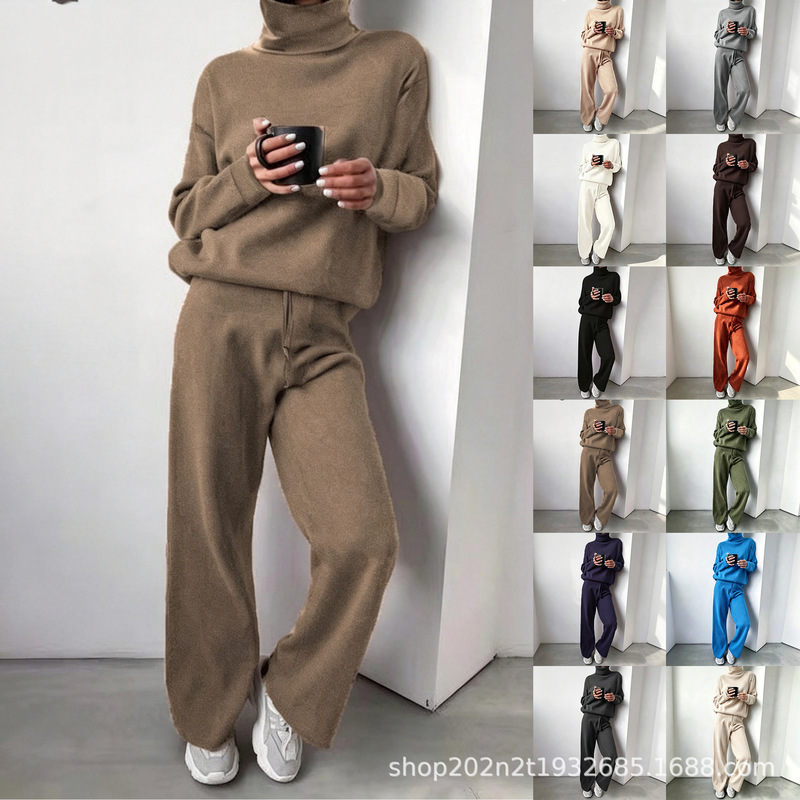 Fashion Set 2026 Autumn and Winter Cross-Border Amazon European and American High-Neck Solid Color Patchwork Knit Two-Piece Set Fashion Set 2026 Autumn and Winter Cross-Border Amazon European and American High-Neck Solid Color Patchwork Knit Two-Piece Set